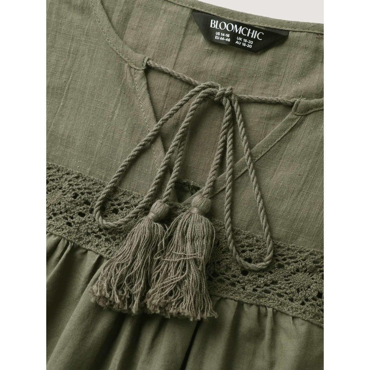 Plus Size Cotton Eyelet Embroidered Flowy Tank Top Women ArmyGreen Woven ribbon&lace trim Notched collar Vacation Tank Tops Camis BloomChic 30/6X Product Image