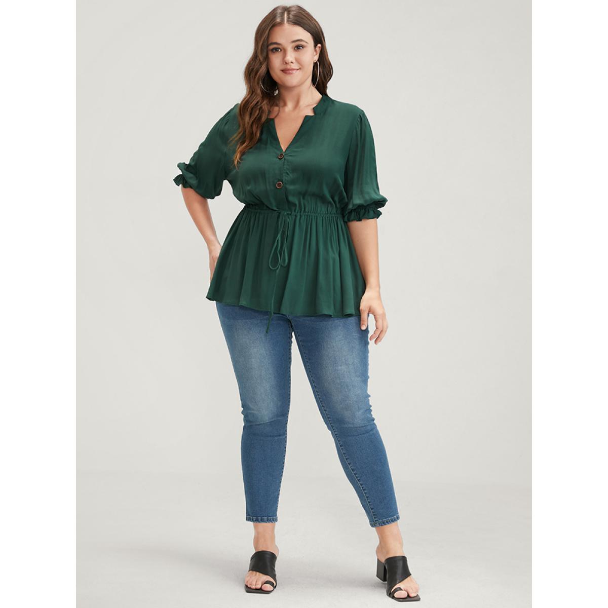 Plus Size DarkGreen Plain Drawstring Button Flutter Blouse Women Office Short sleeve V-neck Work Blouses BloomChic 12/L Product Image