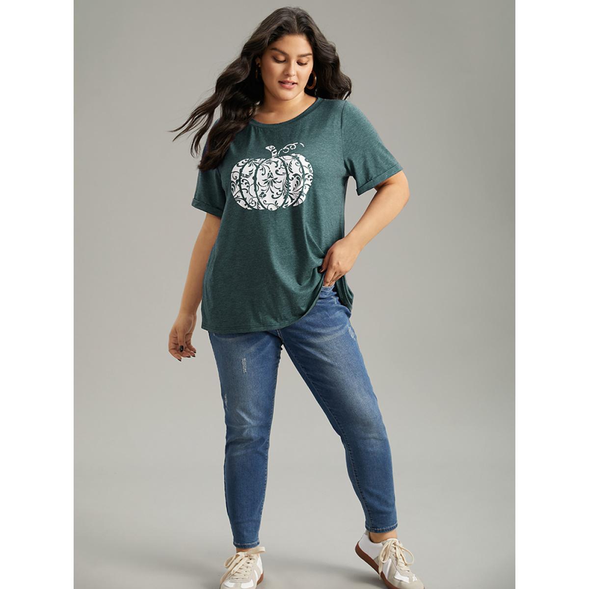 Plus Size Pumpkin Print Round Neck T-shirt Green Women Casual Printed Art&design Dailywear T-shirts BloomChic 22-24/3X Product Image