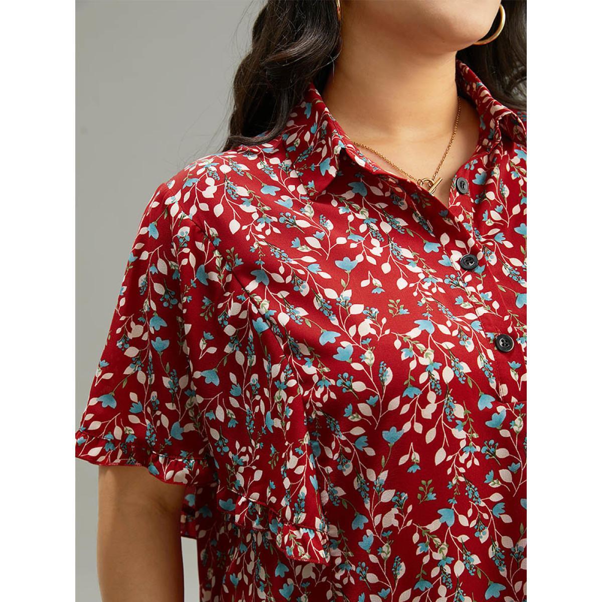 Plus Size Maroon Ditsy Floral Shirt Collar Button Through Ruffle Sleeve Blouse Women Elegant Short sleeve Shirt collar Dailywear Blouses BloomChic 10/M Product Image