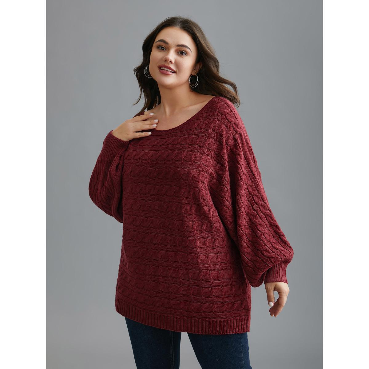 Plus Size Cable Knit Dolman Sleeve Pullover Deepred Women Casual Loose Long Sleeve Boat Neck Everyday Pullovers BloomChic 14-16/1X Product Image