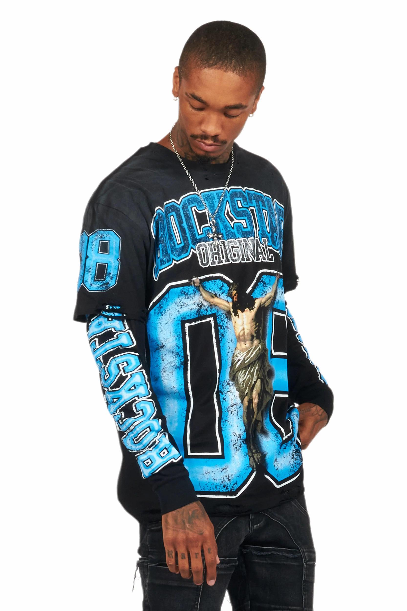 Fields Black/Blue Double Layer Long Sleeve Graphic T-Shirt Male Product Image