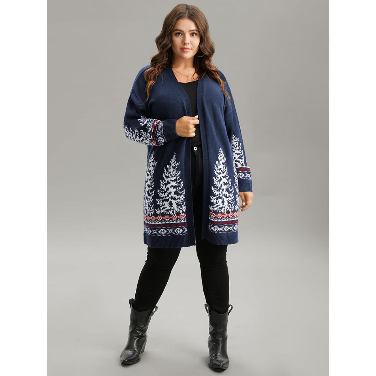 Plus Size Christmas Trees Contrast Cardigan Midnight Women Casual Loose Long Sleeve Festival-Christmas Cardigans BloomChic 10/M Product Image