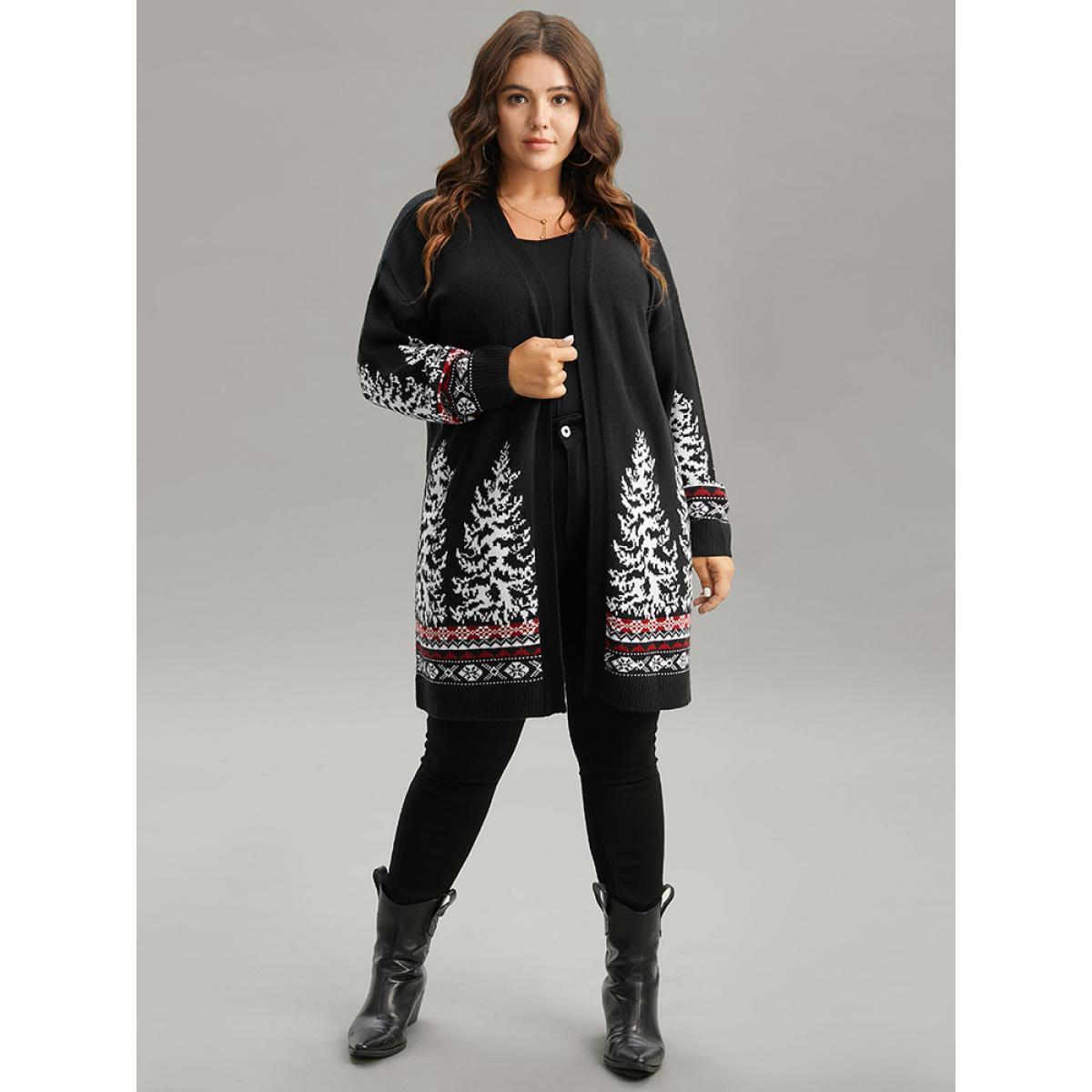Plus Size Christmas Trees Contrast Cardigan Black Women Casual Loose Long Sleeve Festival-Christmas Cardigans BloomChic 30/6X Product Image