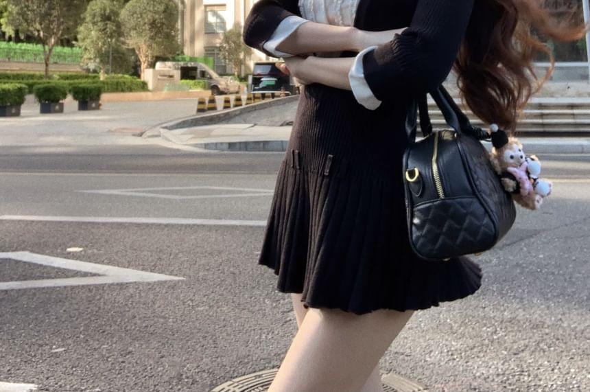 3/4-Sleeve Collared Mock Two Piece Mini A-Line Dress Product Image