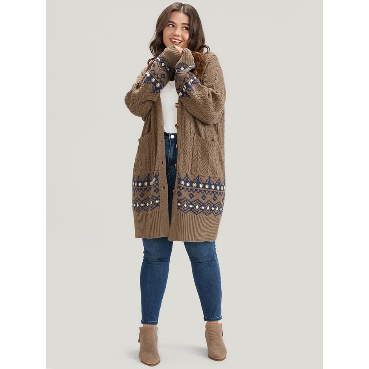Plus Size Geometric Contrast Pointelle Knit Pocket Cable Knit Button Front Cardigan Bronze Women Elegant Loose Long Sleeve Dailywear Cardigans BloomChic 10/M Product Image
