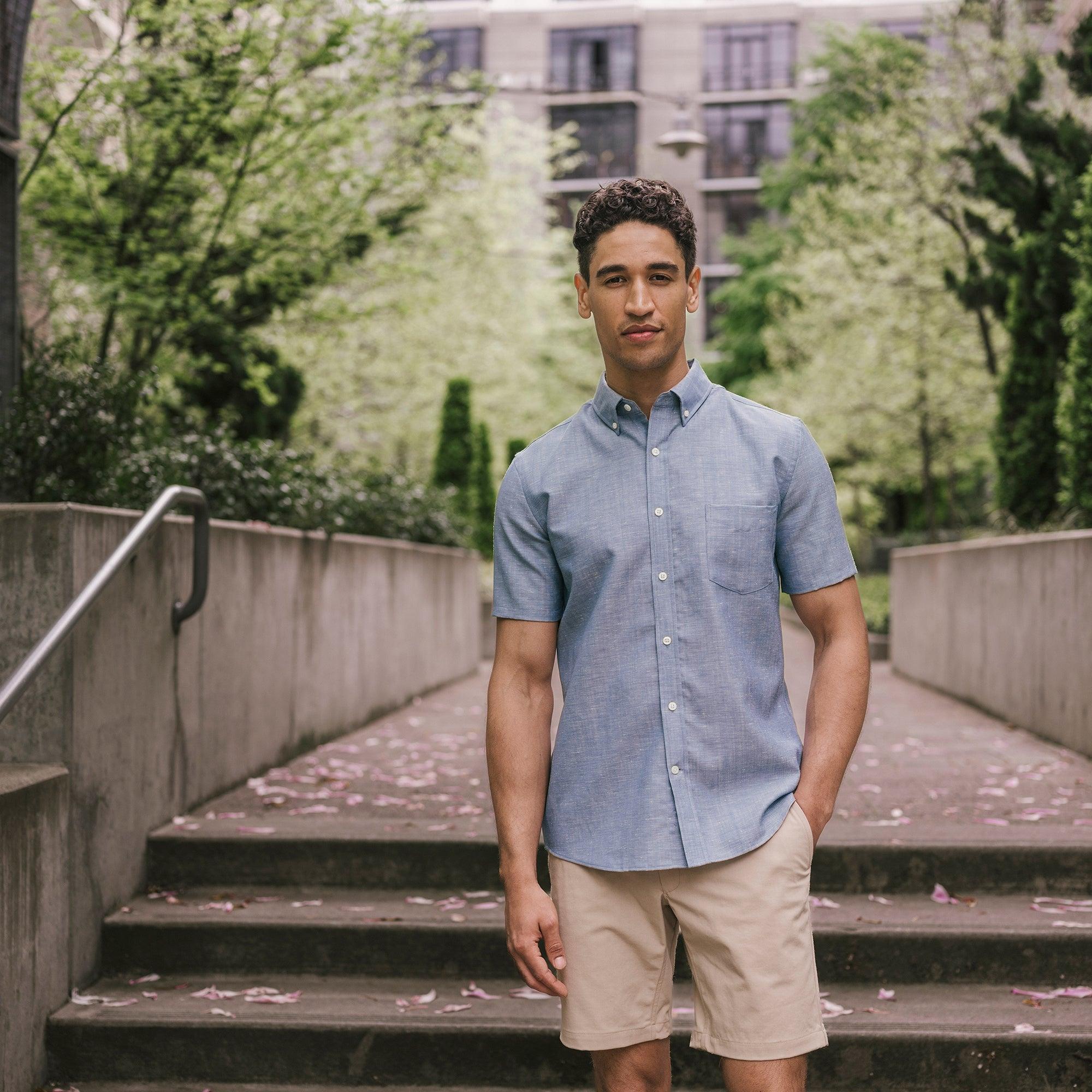 Merino Wool and Linen Short Sleeve Button-Down Shirt | Vintage Blue Product Image