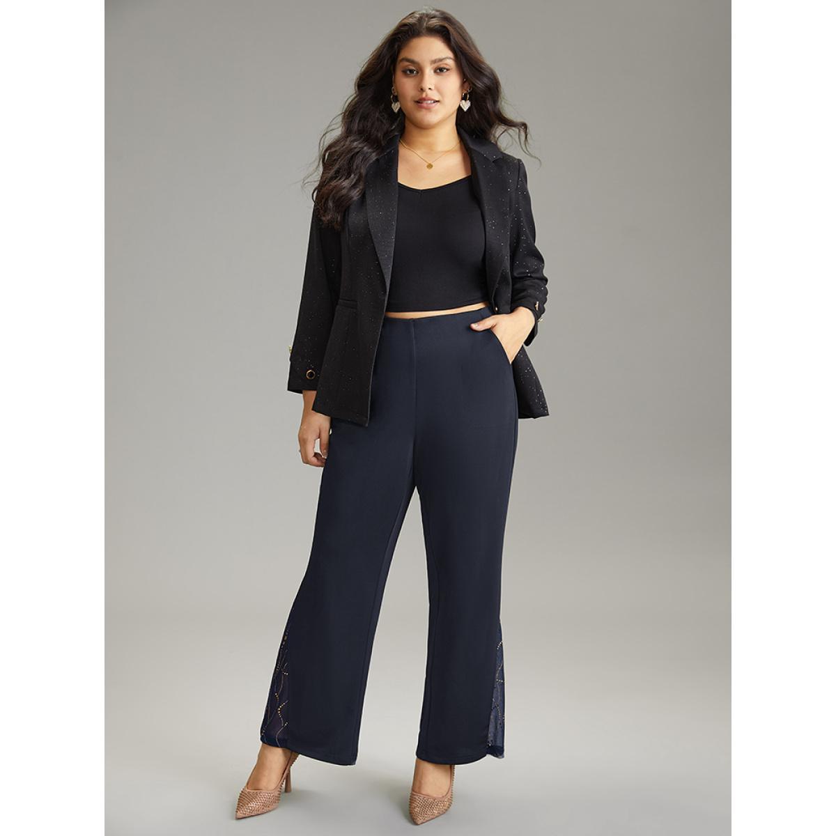 Plus Size Plain Rhinestone Patchwork Mesh Bootcut Pants Women Indigo Glamour Bootcut High Rise Party Pants BloomChic 30/6X Product Image