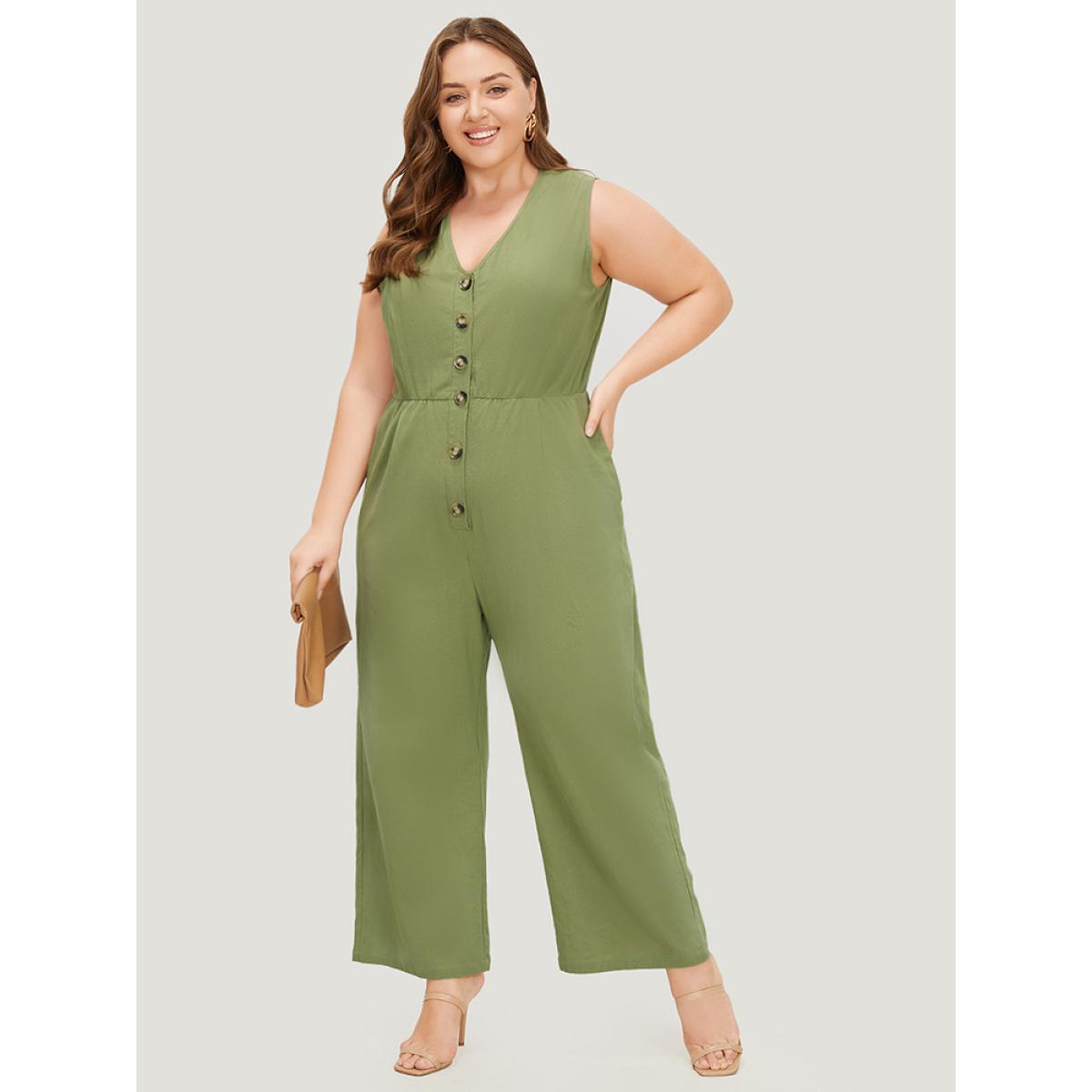 Plus Size Sage Plain Pocket Button Through Tank Jumpsuit Women Office Sleeveless V-neck Work Loose Jumpsuits BloomChic 18-20/2X Product Image