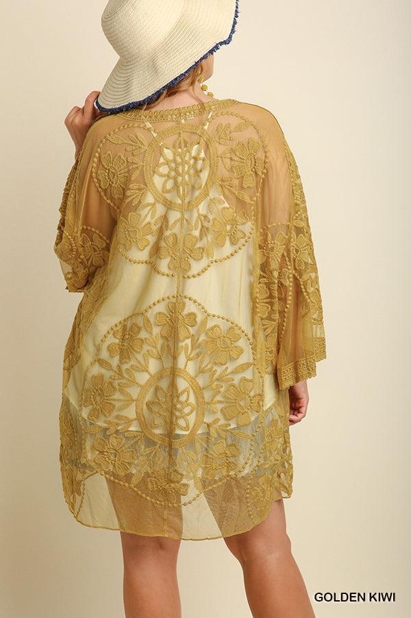 1136   ReeAnn Floral Lace Kimono w/ Waist Tie - Reg & Plus Product Image