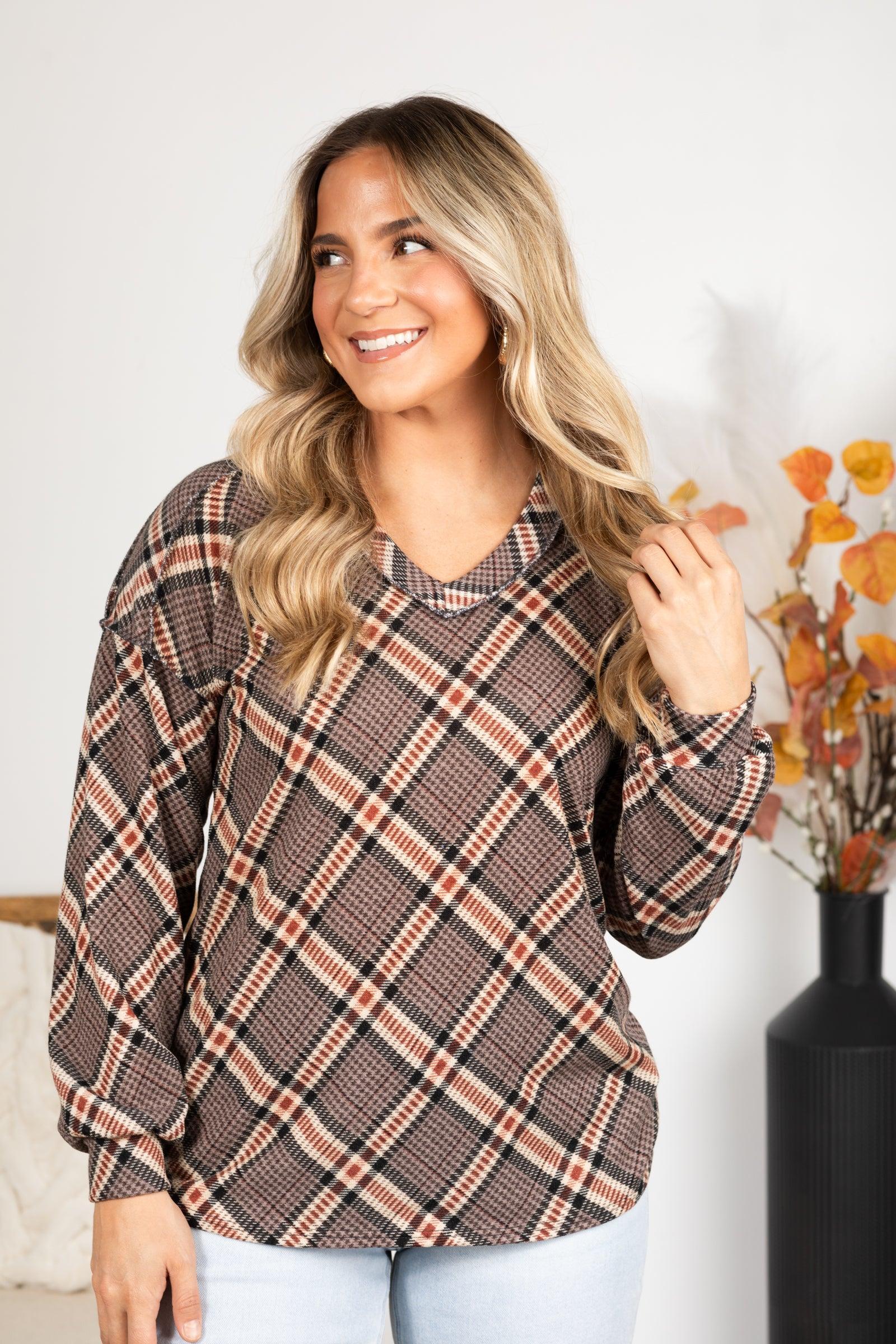 Mocha And Rust Plaid Long Sleeve Knit Top Product Image