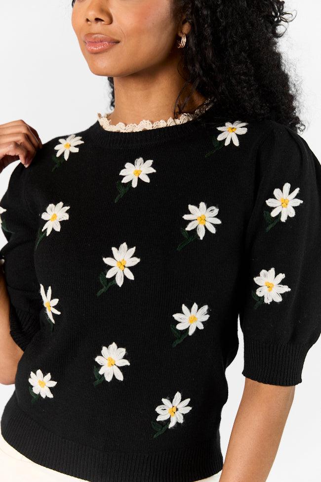 Around The Garden Black Floral Embroidered Lace Trim Short Sleeve Sweater SALE Product Image