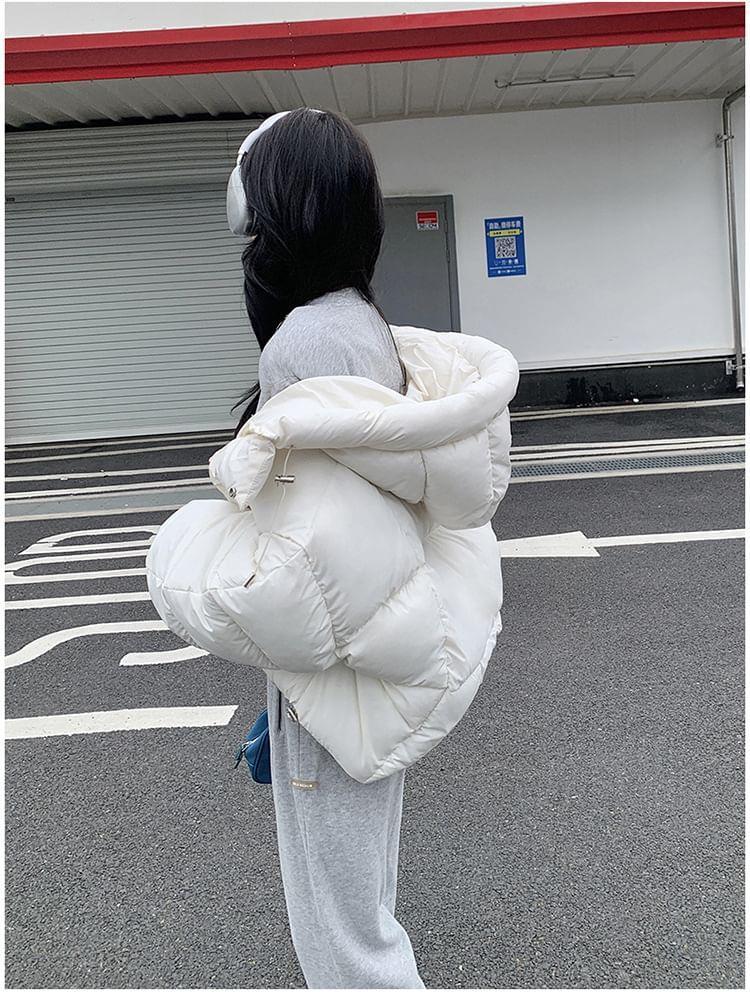 Plain Hooded Zip-Up Crop Puffer Jacket Product Image