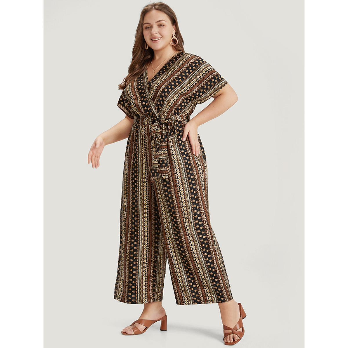 Plus Size DarkBrown Bandana Print Surplice Neck Belted Ruffle Sleeve Jumpsuit Women Elegant Short sleeve V-neck Dailywear Loose Jumpsuits BloomChic 28/5X Product Image