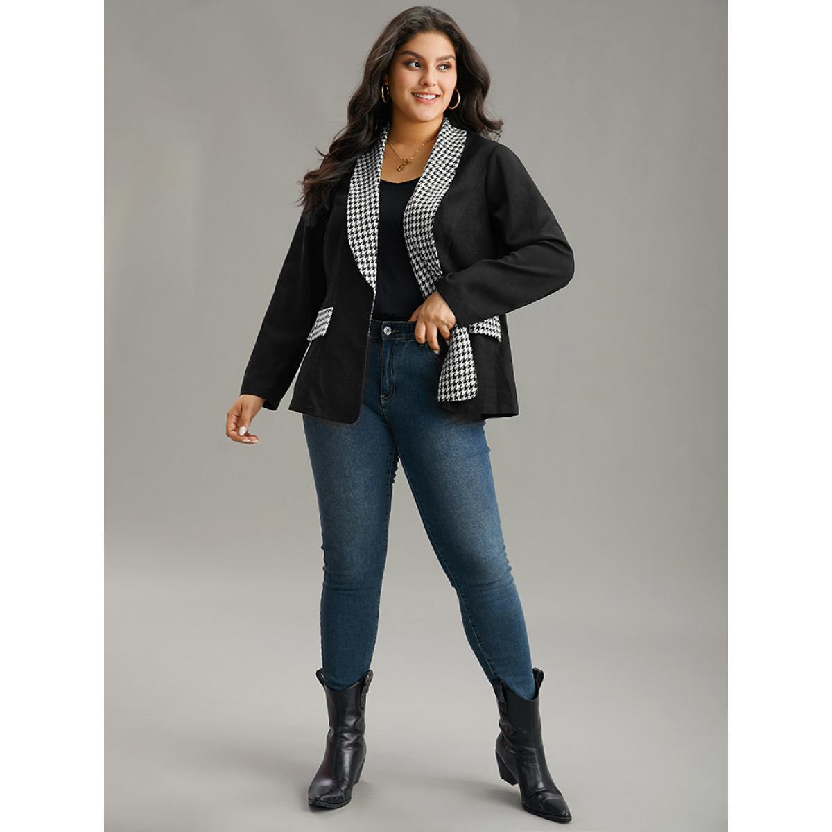 Plus Size Houndstooth Patchwork Contrast Twill Lapel Collar Blazer Black Women Dailywear Houndstooth Contrast Sleeve Long Sleeve Lapel Collar 28/5X Casual Blazers BloomChic Product Image
