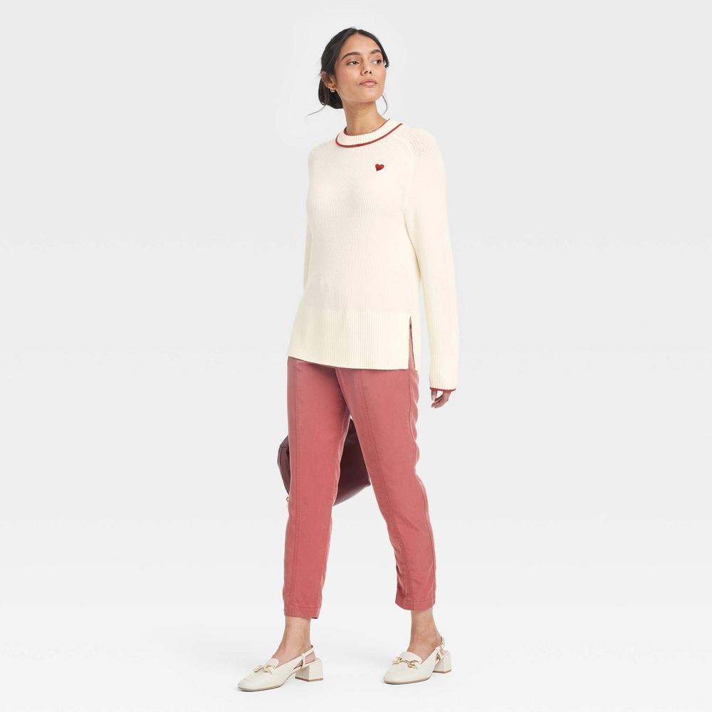Women's Valentine's Crew Neck Pullover Sweater - A New Day™ Cream Hearts L: Midweight, Long Sleeve, Below Waist Product Image