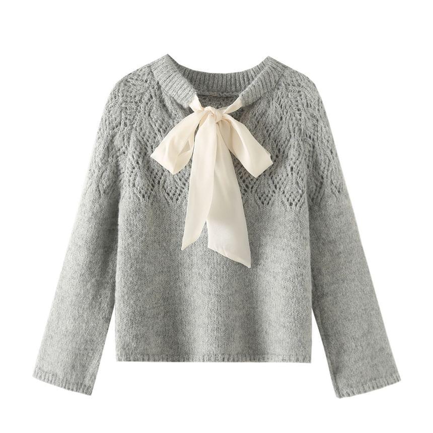 Tie-Neck Melange Pointelle Sweater Product Image