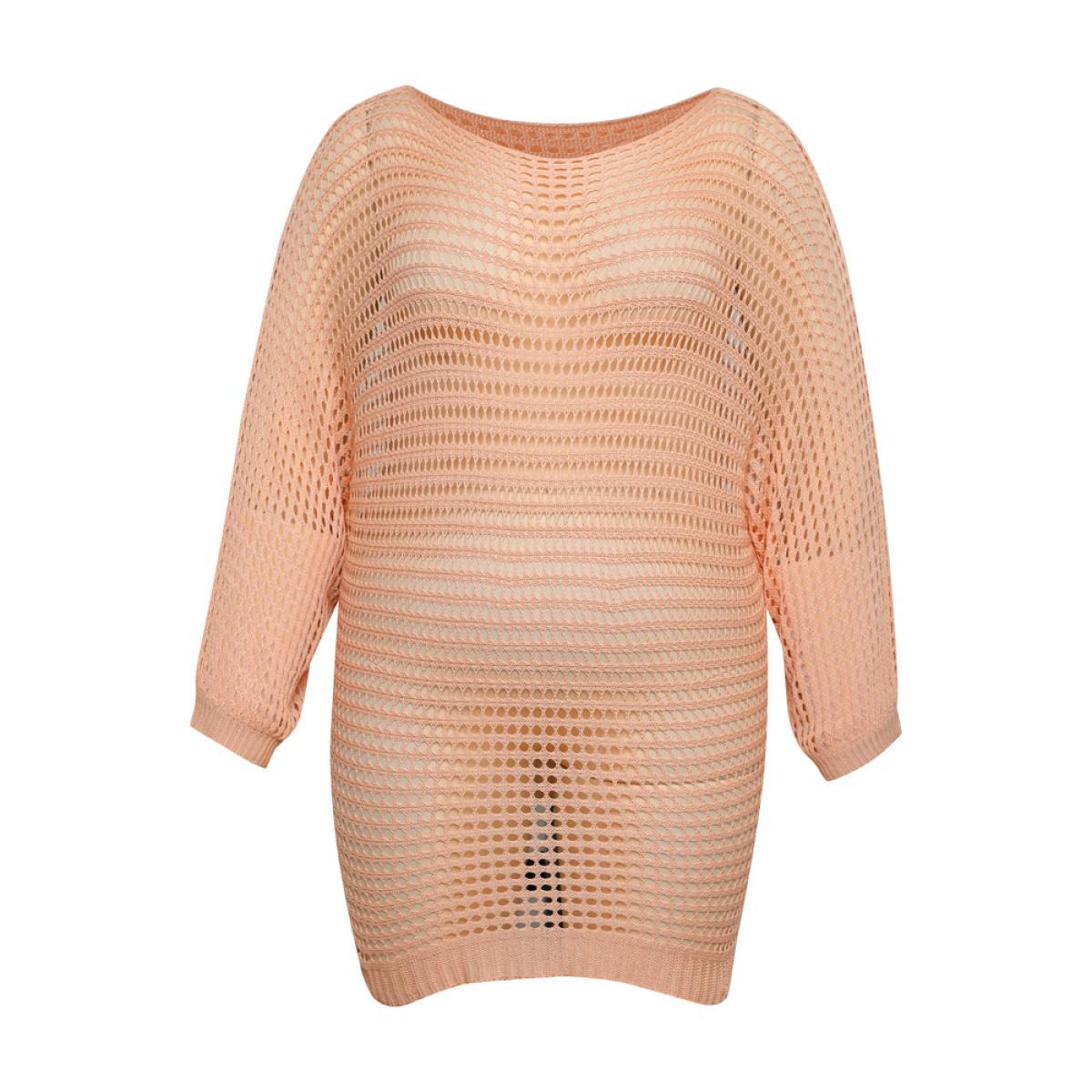 Plus Size UltraCool Solid Hollow Out Batwing Sleeve Pullover Salmon Women Casual Loose Long Sleeve Round Neck Everyday Pullovers BloomChic 22-24/3X Product Image