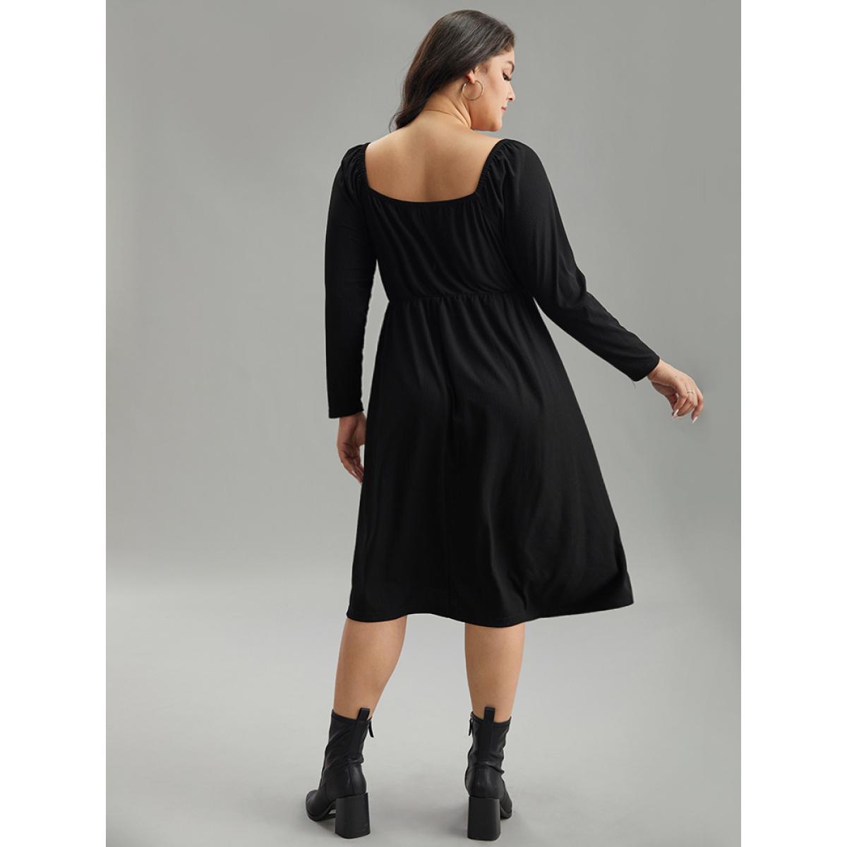 Plus Size Rib Knit Split Side Square Neck Dress Black Women Elegant Plain Square Neck Long Sleeve Curvy Midi Dress BloomChic 12/L Product Image