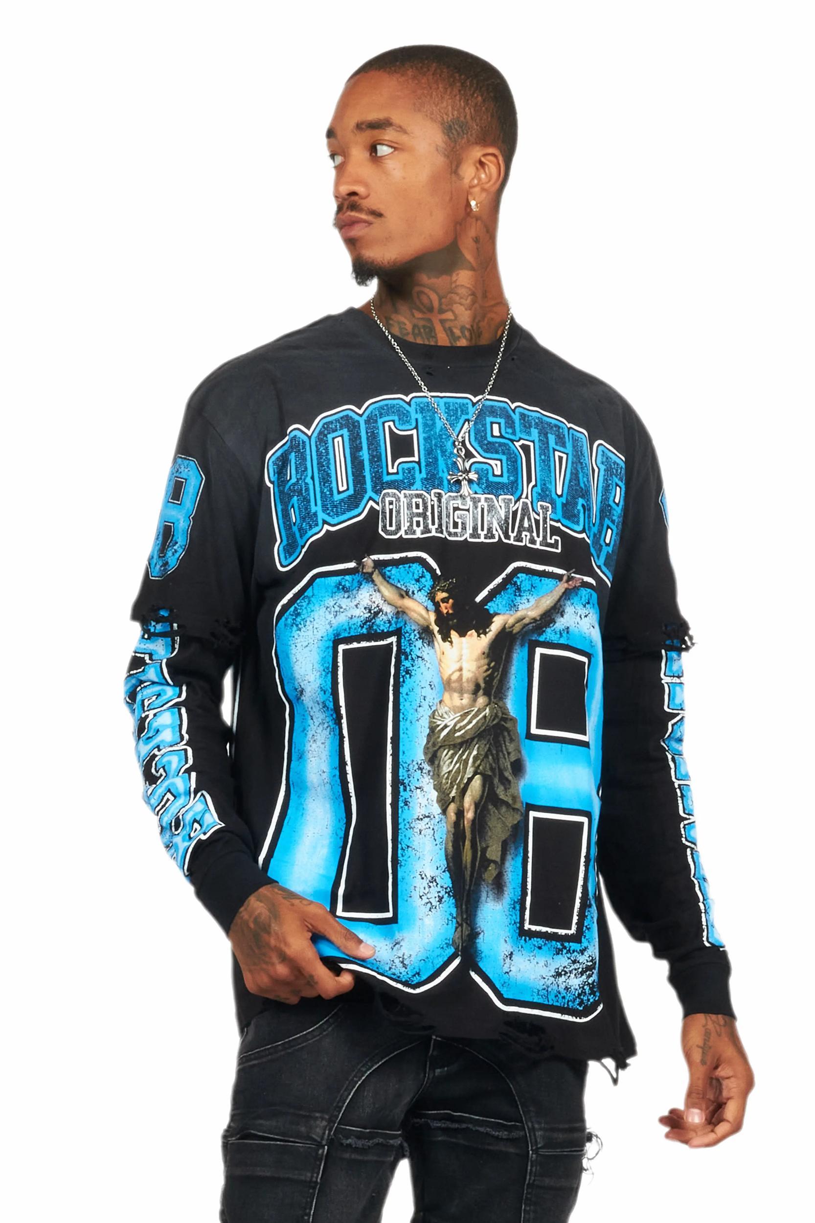 Fields Black/Blue Double Layer Long Sleeve Graphic T-Shirt Male Product Image