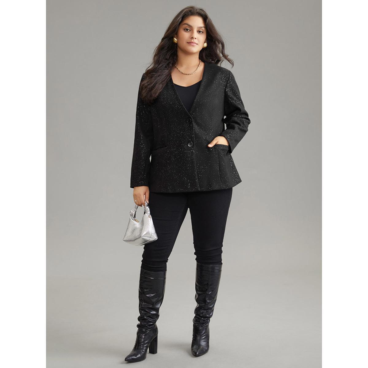 Plus Size Glitter Flap Pocket Button Down Blazer Black Women Dailywear Plain Lined Sleeve Long Sleeve Suit Collar 26/4X Pocket Casual Blazers BloomChic Product Image