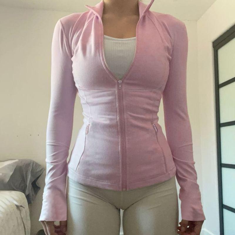Plain Hooded Crop Zip Slim Fit Jacket Product Image