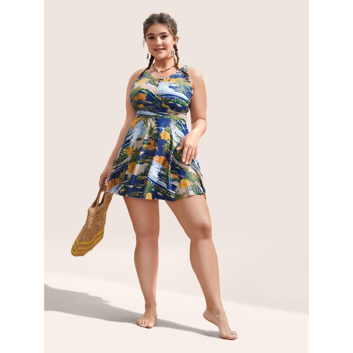 Plus Size Tropical Print Crisscross Cut Out Swim Dress Women's Swimwear Multicolor Beach Bodycon V-neck High stretch Curve Swim Dresses BloomChic 12/L Product Image