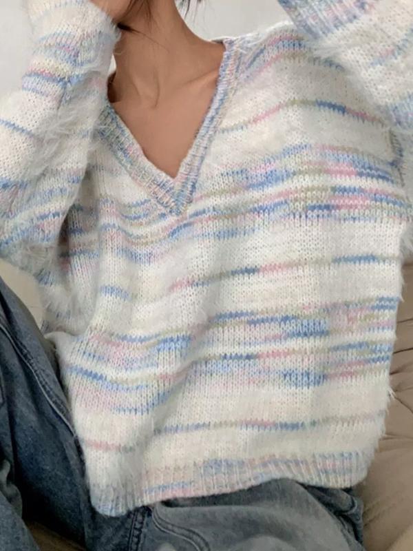 Colorful Striped V Neck Short Knit Sweater Product Image