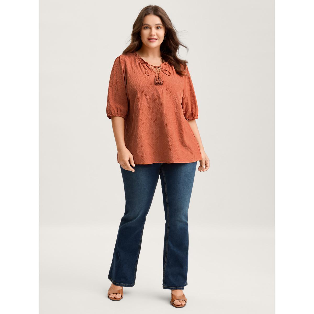 Plus Size Brightorange Pure Cotton Textured Tassel Blouse Women Elbow-length sleeve V-neck Everyday-Elegant Blouses BloomChic 14-16/1X Product Image