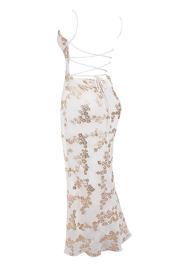 Capriana  white & gold jacquard satin gown Product Image
