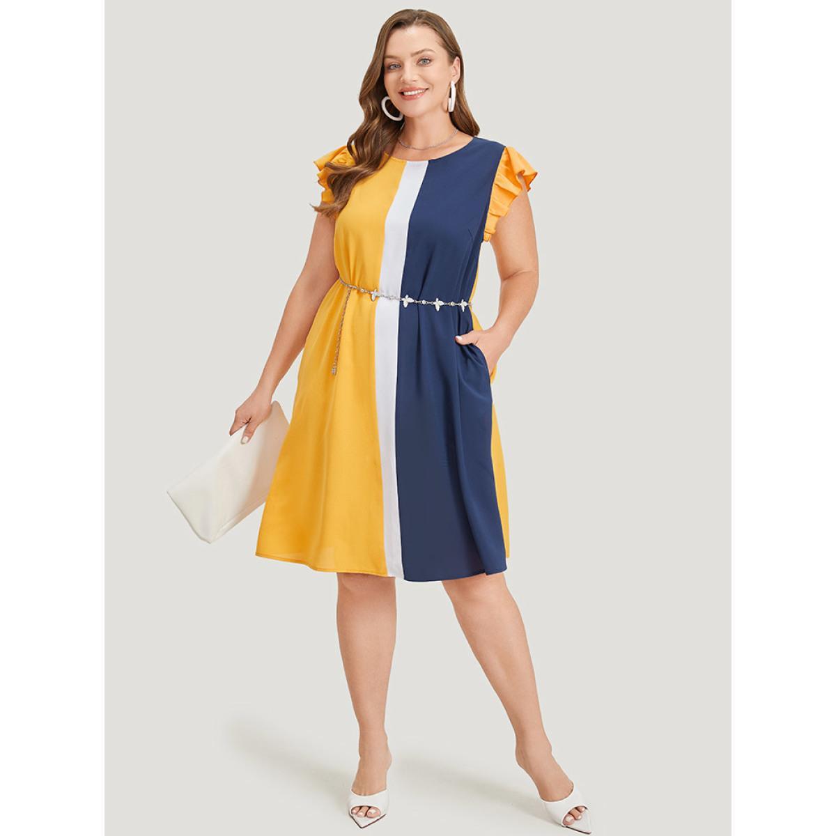 Plus Size Contrast Patchwork Pocket Ruffle Cap Sleeve Dress Multicolor Women Office Contrast Round Neck Cap Sleeve Curvy Knee Dress BloomChic 22-24/3X Product Image