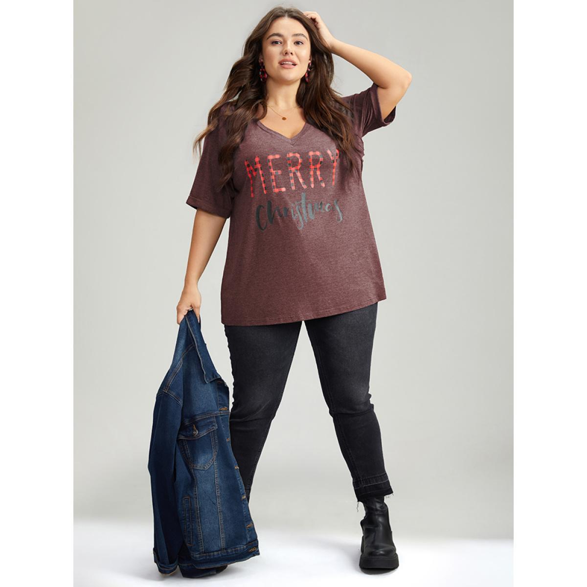 Plus Size Christmas Gingham Patchwork V Neck T-shirt Raspberry Women Casual Printed Christmas Festival-Christmas T-shirts BloomChic 10/M Product Image