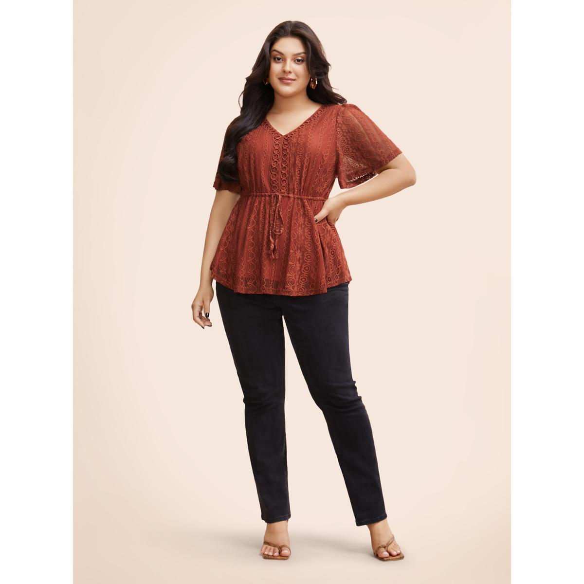 Plus Size Russet V Neck Lace Panel Drawstring Blouse Women Elegant Short sleeve V-neck Everyday Blouses BloomChic 30/6X Product Image