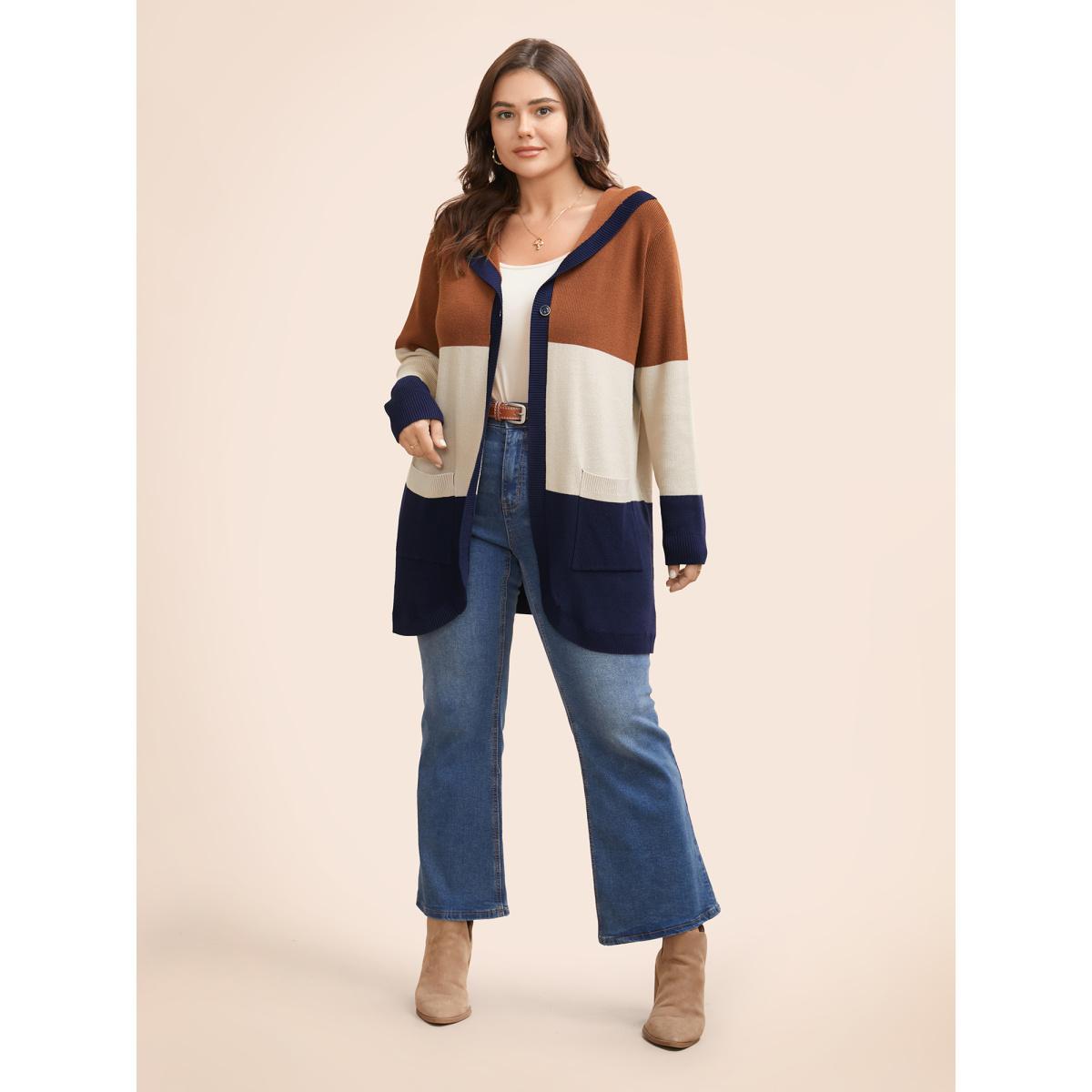 Plus Size Colorblock Contrast Patched Pocket Hooded Cardigan Browncoffeecolor Women Casual Loose Long Sleeve Everyday Cardigans BloomChic 26/4X Product Image