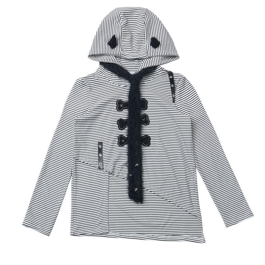 Long Sleeve Striped Applique Hood Asymmetrical Top with Necktie Product Image