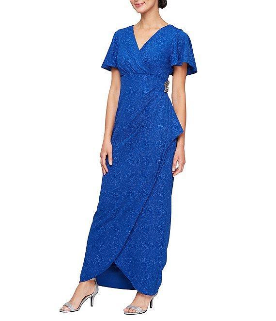 Ignite Evenings Short Flutter Sleeve V-Neck Glitter Knit Empire Embellished Waist Faux Wrap Maxi Dress Product Image