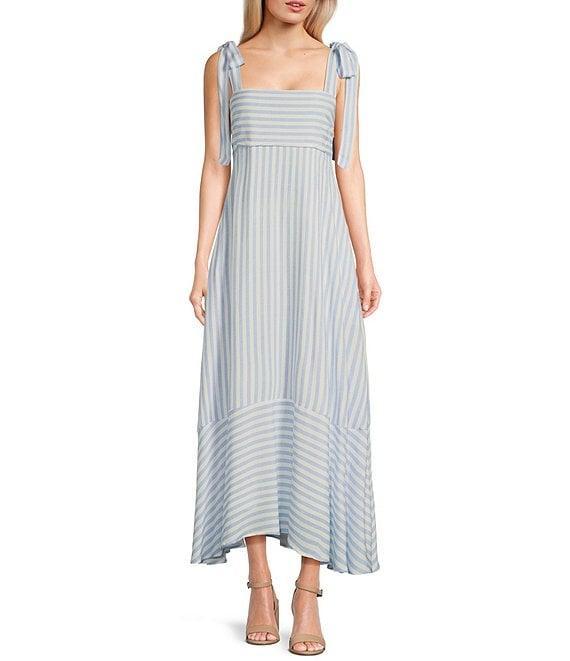 Blu Pepper Striped Square Neck Tie Shoulder Maxi Dress Product Image