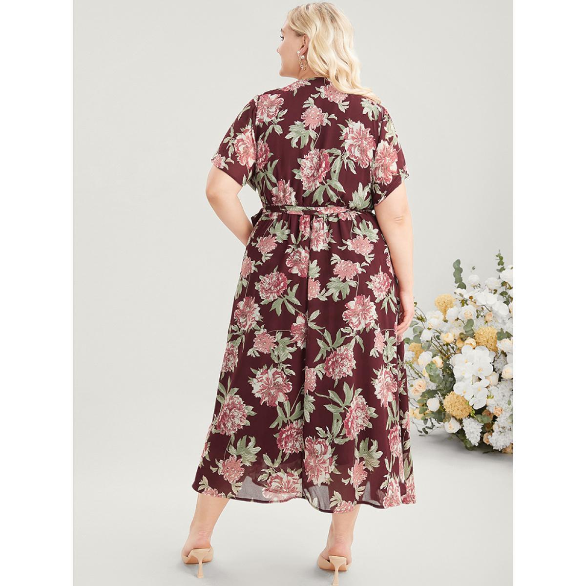 Plus Size Floral Print Belted Surplice Neck Flutter Pocket Maxi Dress Scarlet Women Elegant Wrap Overlap Collar Short sleeve Curvy Long Dress BloomChic 10/M Product Image