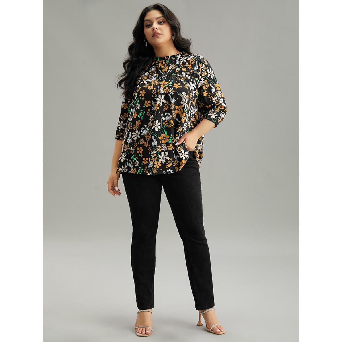 Plus Size Black Floral Print Frill Trim Cut Out Blouse Women Elegant Elbow-length sleeve Round Neck Everyday Blouses BloomChic 30/6X Product Image