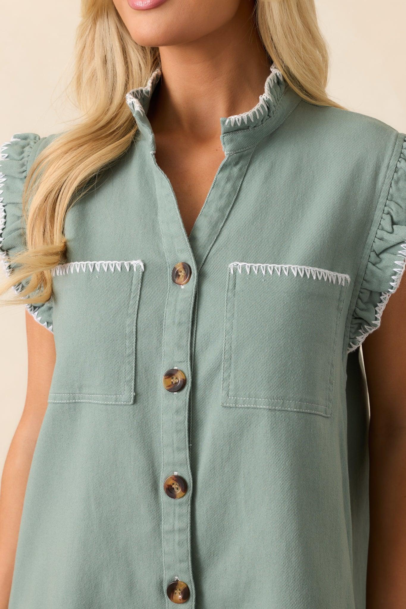 Bed & Breakfast Sage Green Button Front Mini Dress Product Image