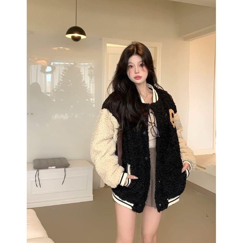 Lettering Fleece Baseball Jacket Product Image