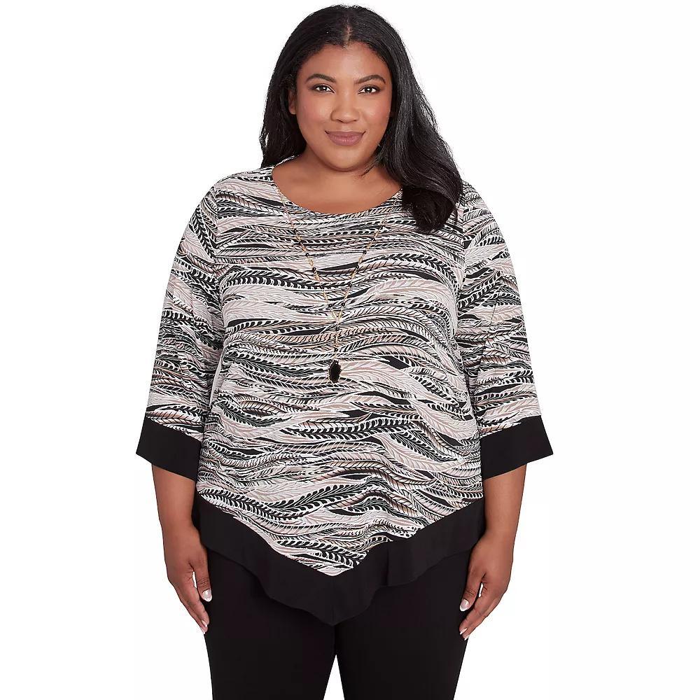 Plus Size Alfred Dunner Abstract Feather Solid Trim Top with Necklace, Women's, Size: 1XL, Neutral Team Product Image