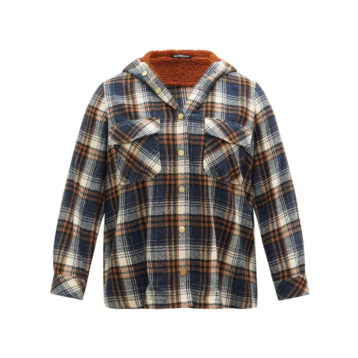 Plus Size Plaid Patchwork Pocket Button Through Hooded Coat Women Multicolor Casual Contrast Ladies Dailywear Winter Coats BloomChic 26/4X Product Image
