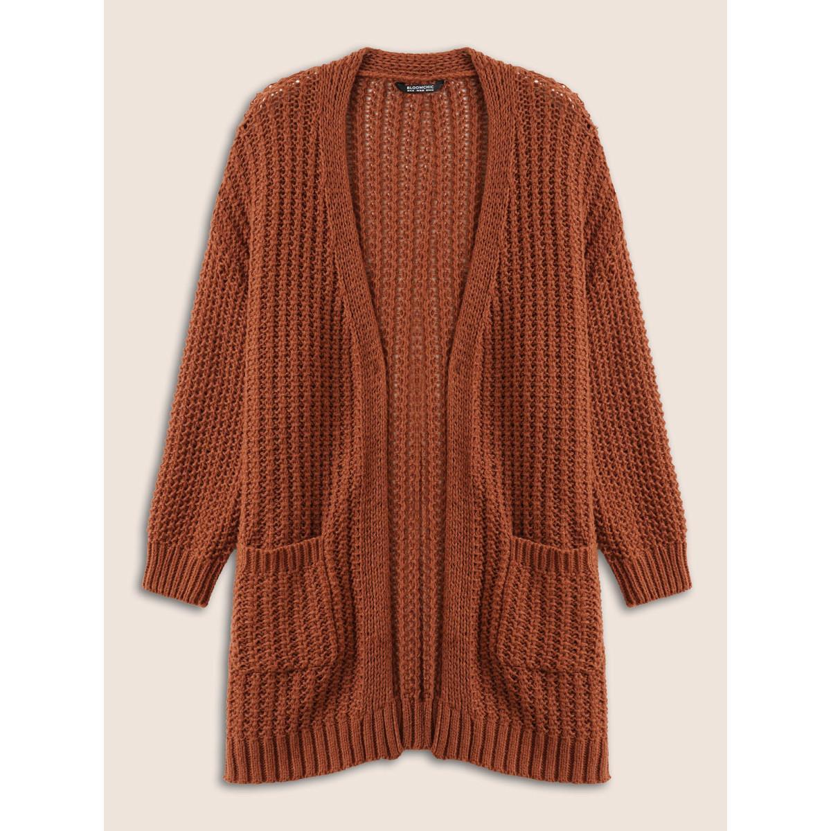 Plus Size Plain Dual Pocket Open Front Cardigan Chocolate Women Casual Loose Long Sleeve Dailywear Cardigans BloomChic 26/4X Product Image