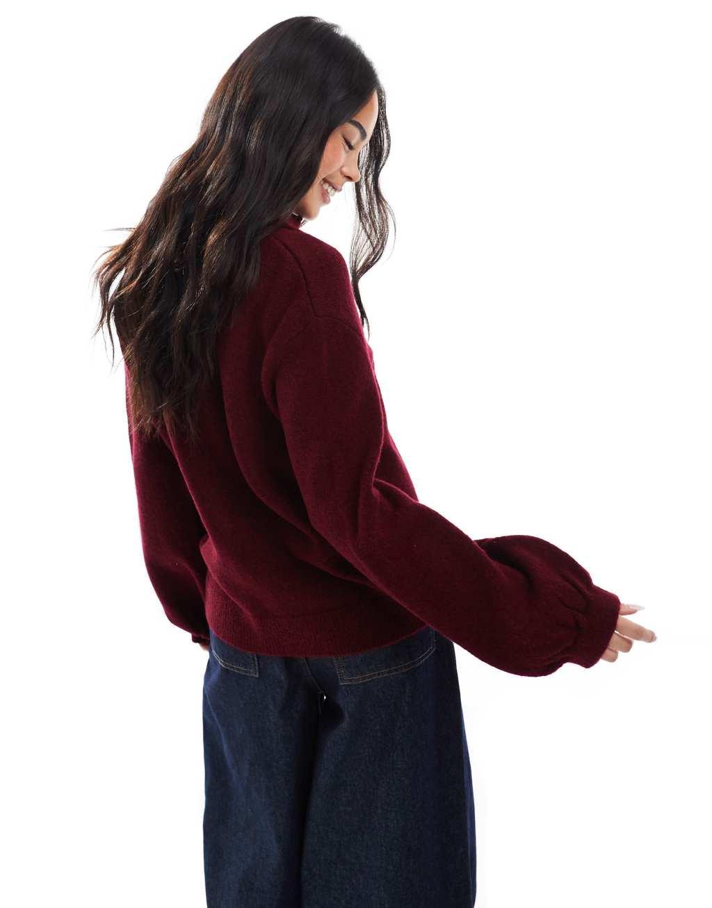 ASOS DESIGN balloon sleeve collared cardigan in red Product Image