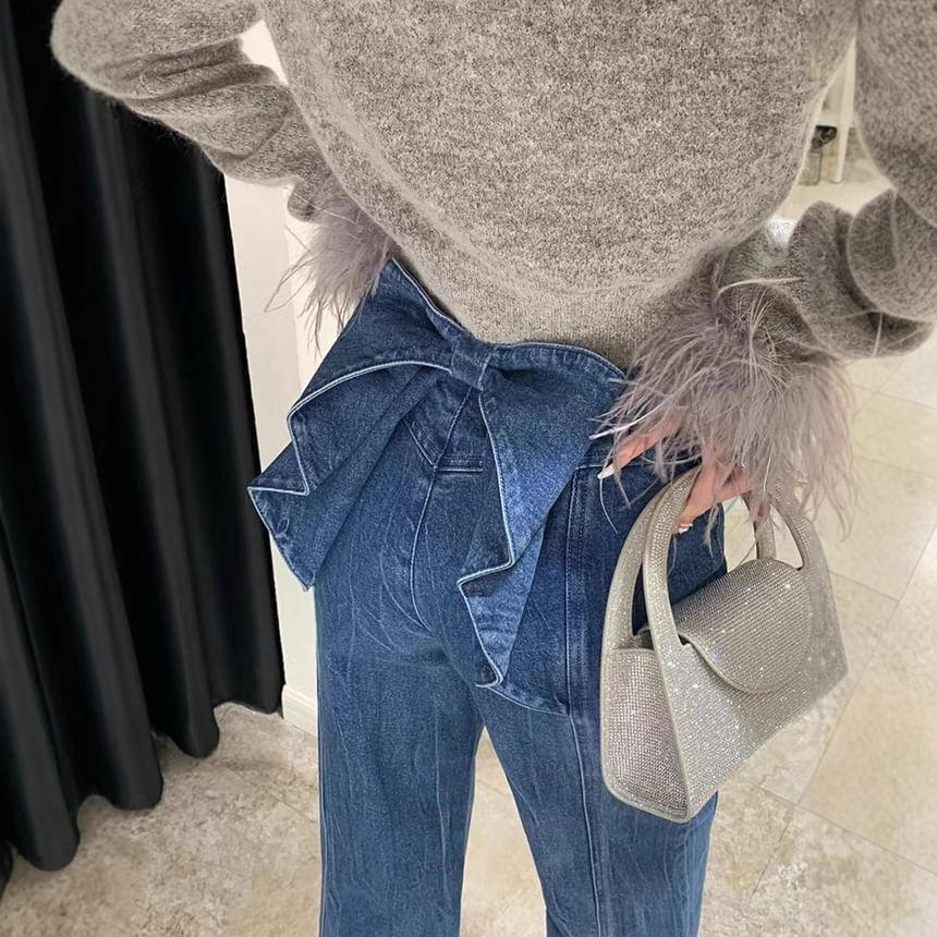 High Waist Bow Accent Straight-Fit Wide-Leg Jeans Product Image
