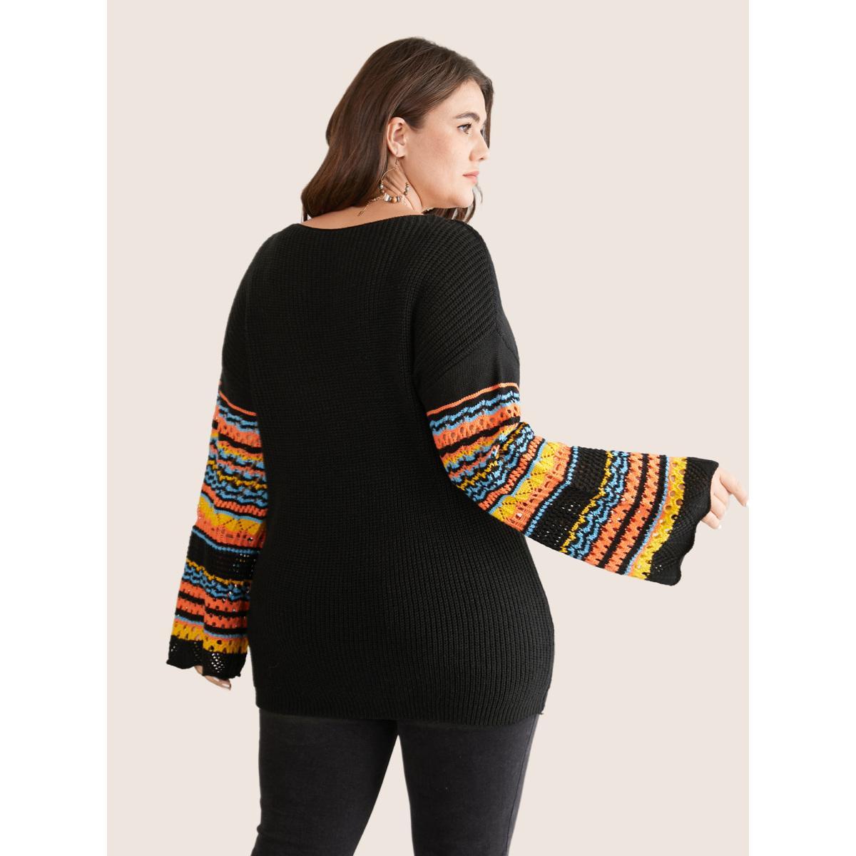 Plus Size Contrast Striped Hollow Out Bell Sleeve Pullover Black Women Resort Long Sleeve V-neck Vacation Pullovers BloomChic 22-24/3X Product Image