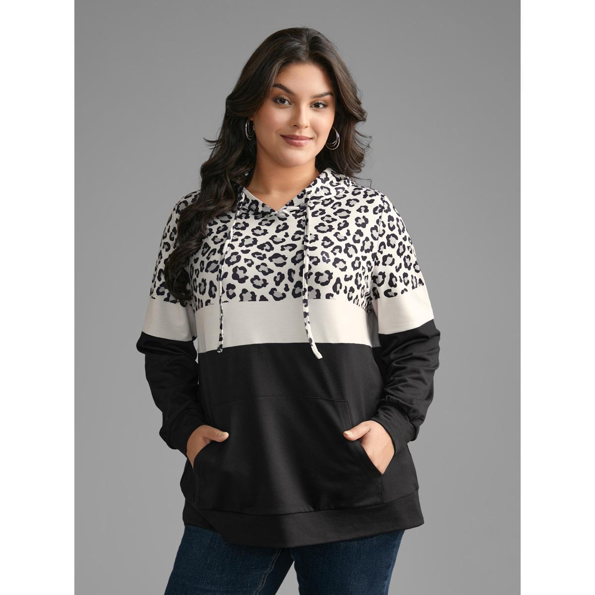 Plus Size Leopard Print Patchwork Contrast Drawstring Sweatshirt Women Black Casual Contrast Hooded Everyday Sweatshirts BloomChic 14-16/1X Product Image