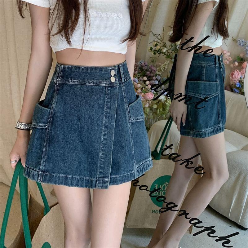 High Waist Asymmetrical Washed Denim Skort Product Image