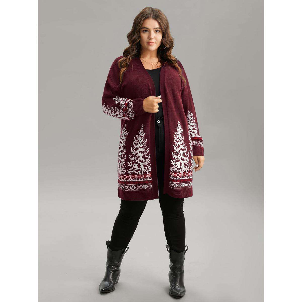 Plus Size Christmas Trees Contrast Cardigan Deepred Women Casual Loose Long Sleeve Festival-Christmas Cardigans BloomChic 18-20/2X Product Image